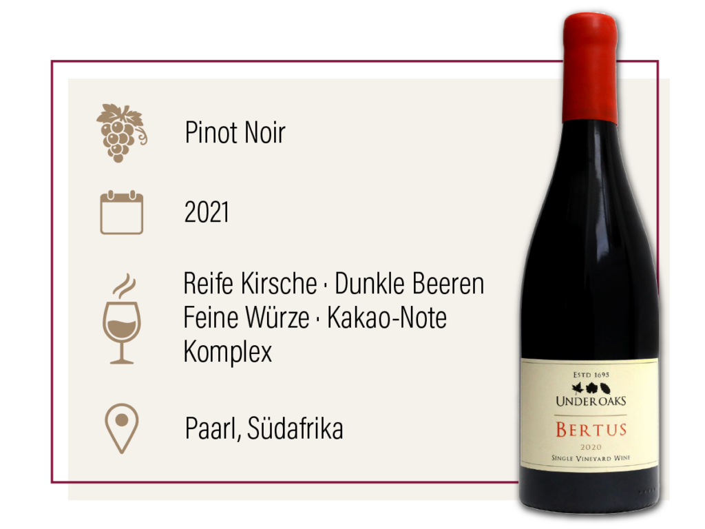Produktdarstellung des Under Oaks Bertus 2021 aus Südafrika mit Geschmacksbeschreibung.
