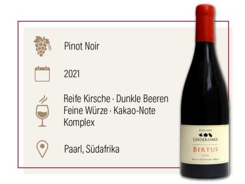 Produktdarstellung des Under Oaks Bertus 2021 aus Südafrika mit Geschmacksbeschreibung.