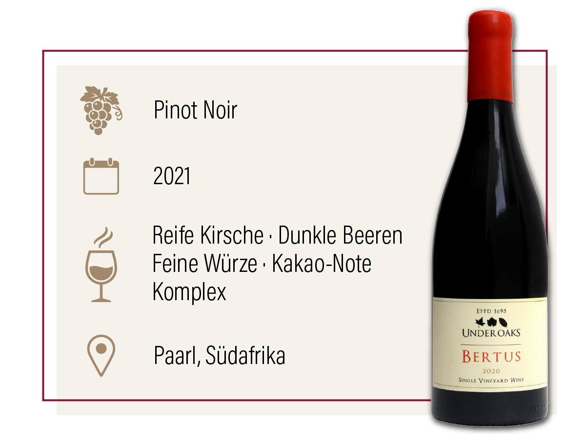 Produktdarstellung des Under Oaks Bertus 2021 aus Südafrika mit Geschmacksbeschreibung.