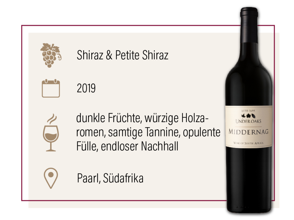 Produktdarstellung des Under Oaks Middernag 2019 aus Südafrika mit Geschmacksbeschreibung.