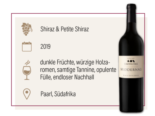 Produktdarstellung des Under Oaks Middernag 2019 aus Südafrika mit Geschmacksbeschreibung.