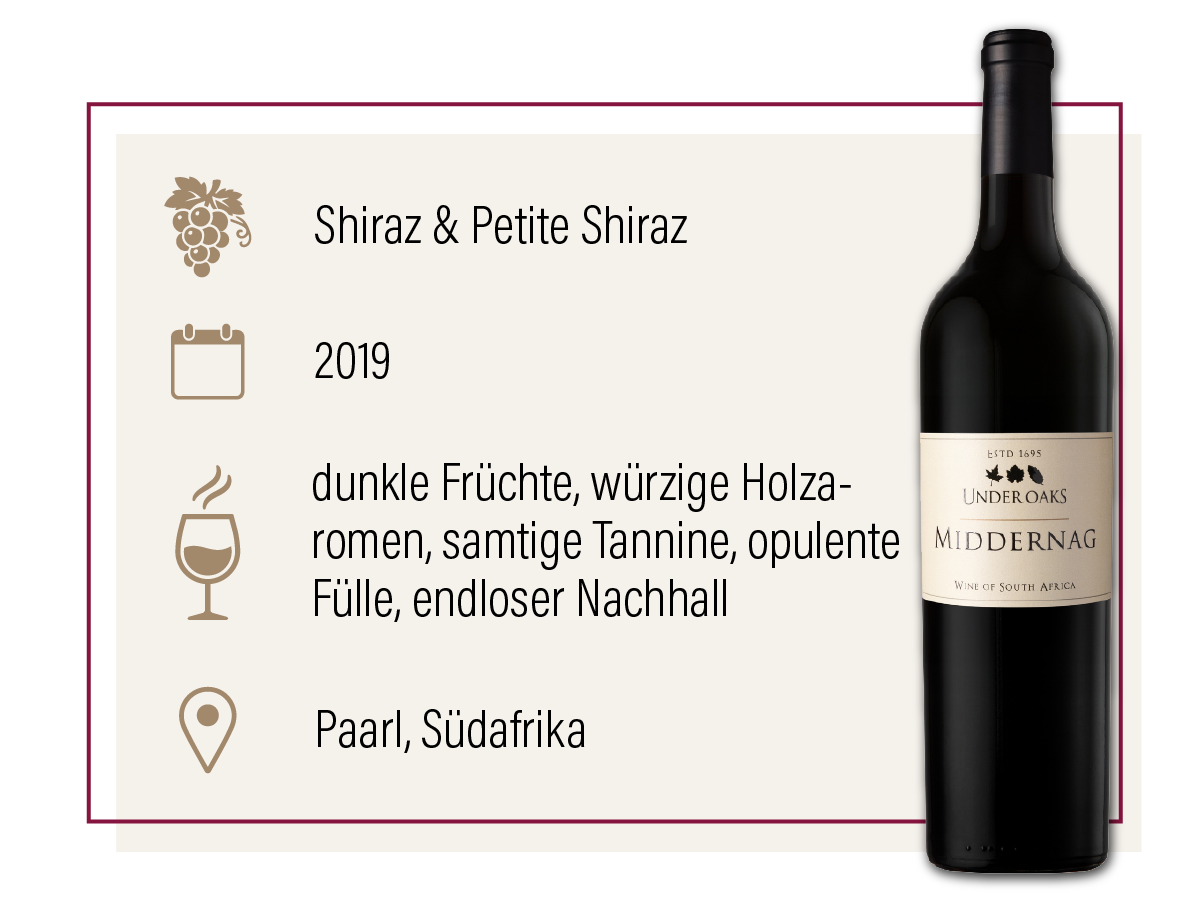 Produktdarstellung des Under Oaks Middernag 2019 aus Südafrika mit Geschmacksbeschreibung.