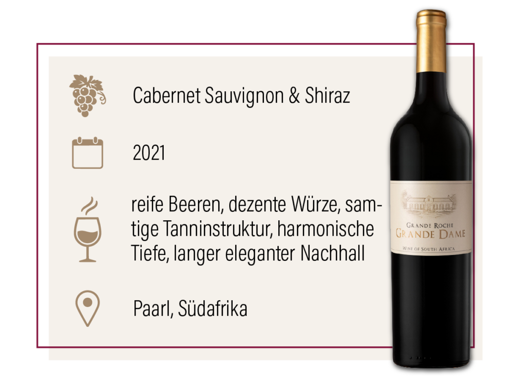 Produktdarstellung des Grande Roche Grande Dame 2021 aus Südafrika mit Geschmacksbeschreibung.