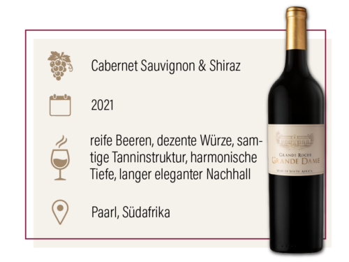 Produktdarstellung des Grande Roche Grande Dame 2021 aus Südafrika mit Geschmacksbeschreibung.