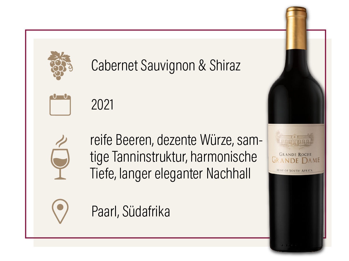 Produktdarstellung des Grande Roche Grande Dame 2021 aus Südafrika mit Geschmacksbeschreibung.
