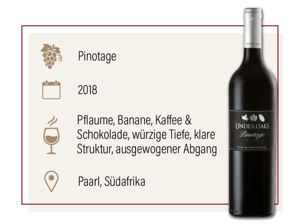 Produktdarstellung des Under Oaks Pinotage Reserve 2018 aus Südafrika mit Geschmacksbeschreibung.