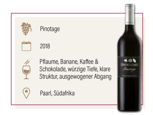Produktdarstellung des Under Oaks Pinotage Reserve 2018 aus Südafrika mit Geschmacksbeschreibung.