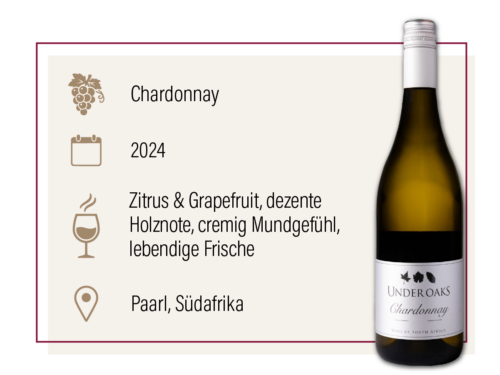 Produktdarstellung des Under Oaks Chardonnay 2024 aus Südafrika mit Geschmacksbeschreibung.