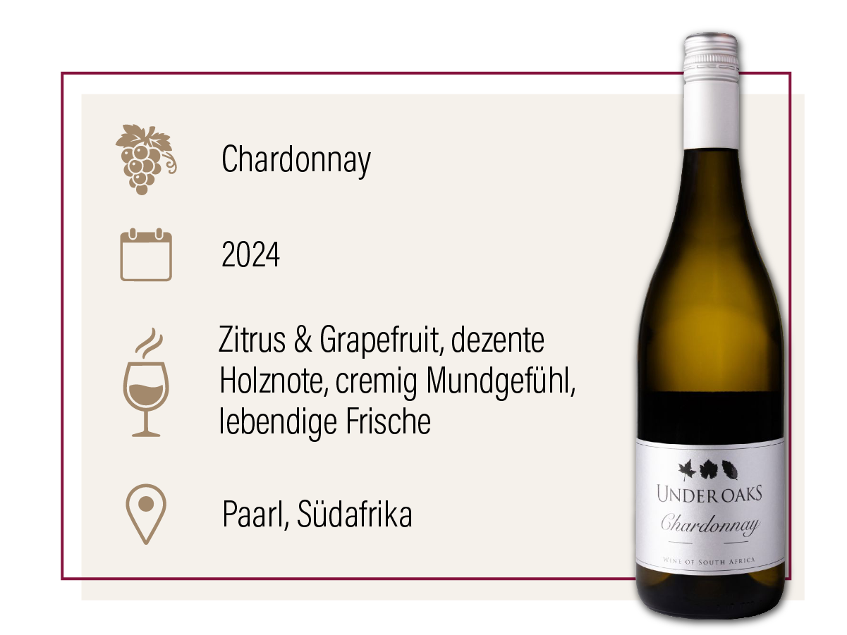 Produktdarstellung des Under Oaks Chardonnay 2024 aus Südafrika mit Geschmacksbeschreibung.