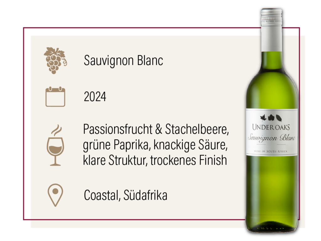 Produktdarstellung des Under Oaks Sauvignon Blanc 2024 aus Südafrika mit Geschmacksbeschreibung.