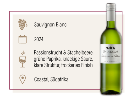 Produktdarstellung des Under Oaks Sauvignon Blanc 2024 aus Südafrika mit Geschmacksbeschreibung.