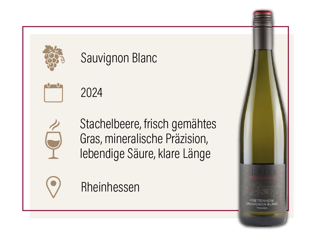 Produktdarstellung des Müller Sauvignon Blanc trocken 2024 aus Rheinhessen mit Geschmacksbeschreibung.