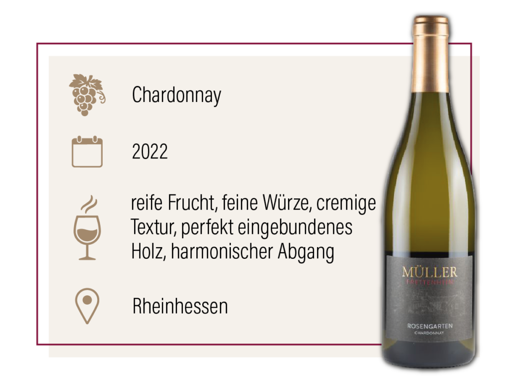 Flasche Chardonnay 2022 aus Rheinhessen mit Produktinfos zu Geschmack, Herkunft und Eigenschaften auf einer Website.