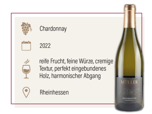 Flasche Chardonnay 2022 aus Rheinhessen mit Produktinfos zu Geschmack, Herkunft und Eigenschaften auf einer Website.