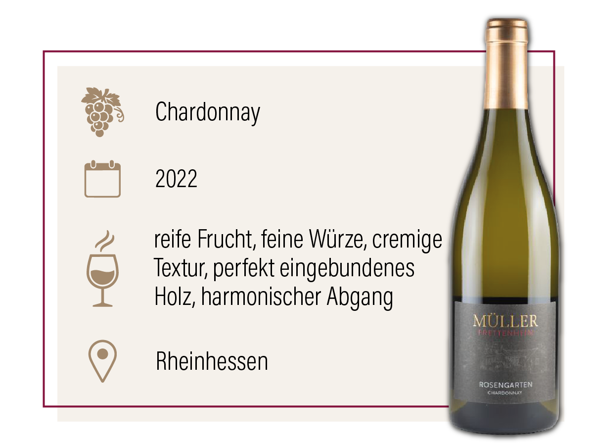 Flasche Chardonnay 2022 aus Rheinhessen mit Produktinfos zu Geschmack, Herkunft und Eigenschaften auf einer Website.