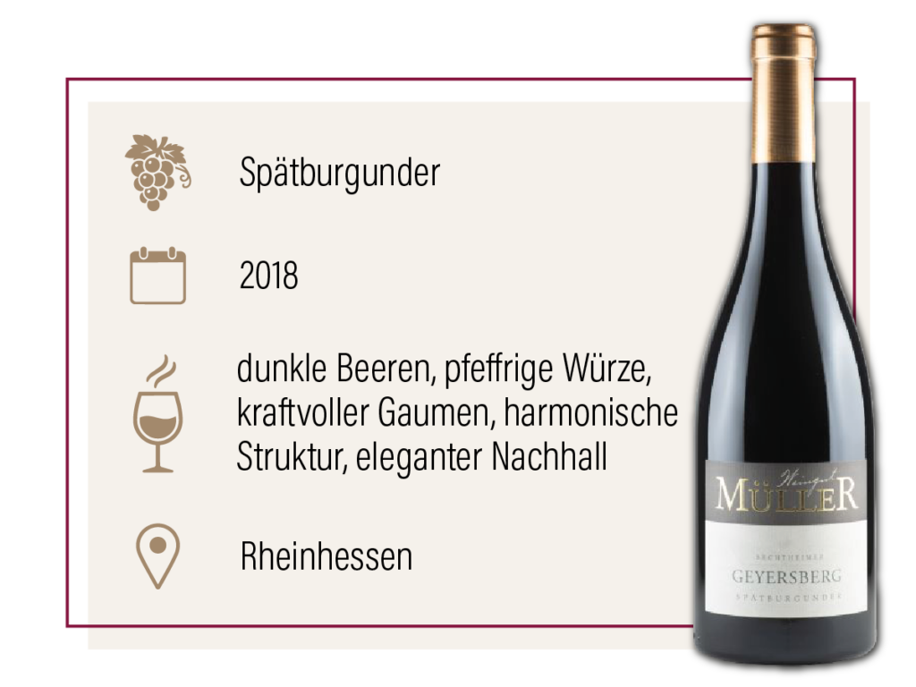 Produktdarstellung des Müller Geyersberg Spätburgunder 2018 aus Rheinhessen mit Geschmacksbeschreibung.