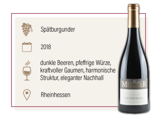 Produktdarstellung des Müller Geyersberg Spätburgunder 2018 aus Rheinhessen mit Geschmacksbeschreibung.