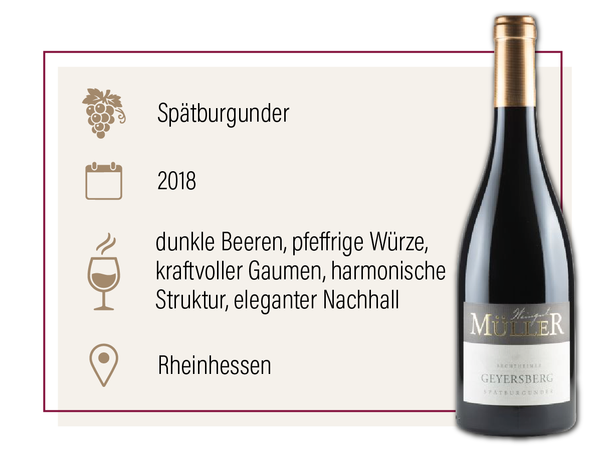 Produktdarstellung des Müller Geyersberg Spätburgunder 2018 aus Rheinhessen mit Geschmacksbeschreibung.