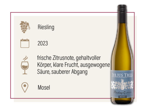Produktdarstellung des Treis Riesling Classic 2023 aus der Mosel mit Geschmacksbeschreibung.