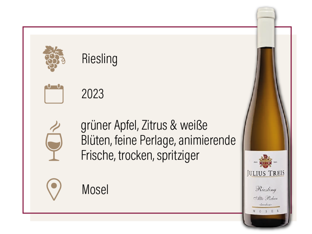 Produktdarstellung des Treis Riesling Alte Reben 2023 aus der Mosel mit Geschmacksbeschreibung.