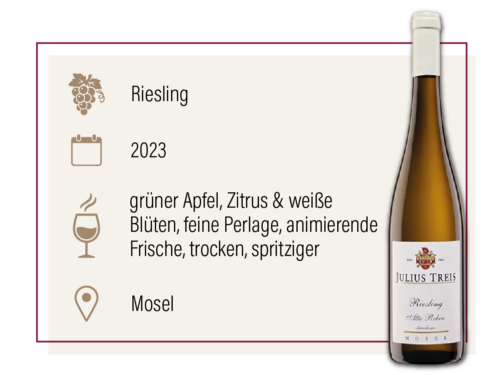 Produktdarstellung des Treis Riesling Alte Reben 2023 aus der Mosel mit Geschmacksbeschreibung.