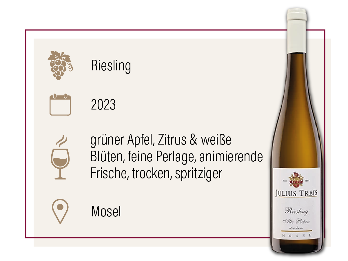 Produktdarstellung des Treis Riesling Alte Reben 2023 aus der Mosel mit Geschmacksbeschreibung.