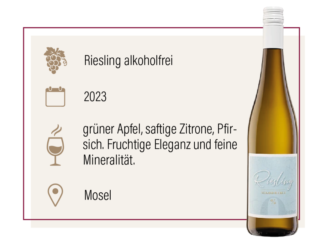 Produktdarstellung eines alkoholfreien Rieslings 2023 aus der Mosel mit Geschmacksbeschreibung.
