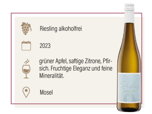 Produktdarstellung eines alkoholfreien Rieslings 2023 aus der Mosel mit Geschmacksbeschreibung.