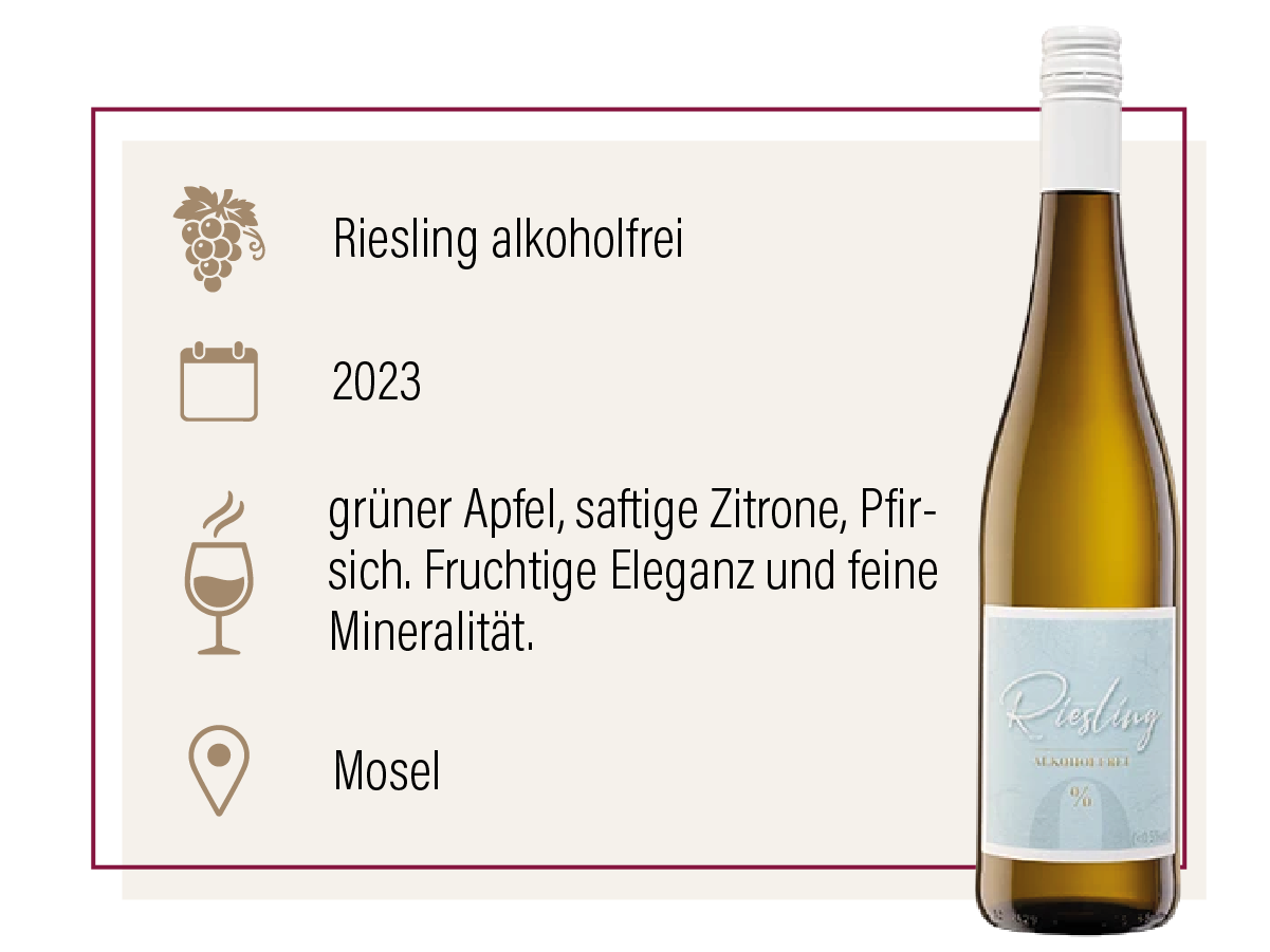 Produktdarstellung eines alkoholfreien Rieslings 2023 aus der Mosel mit Geschmacksbeschreibung.