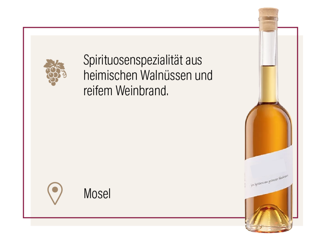 Produktdarstellung einer bernsteinfarbenen Spirituose in schlanker Flasche mit Beschreibung und Herkunft Mosel.