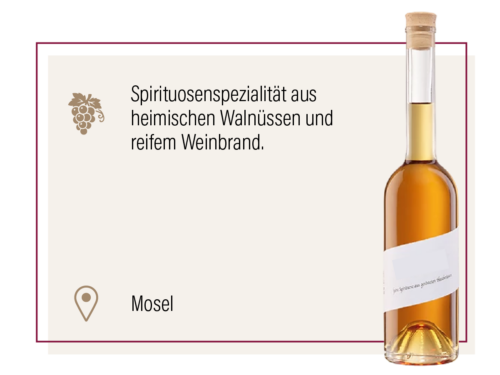 Produktdarstellung einer bernsteinfarbenen Spirituose in schlanker Flasche mit Beschreibung und Herkunft Mosel.