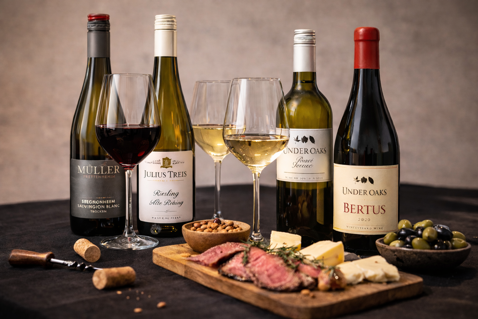 Tasting-Bild mit deutschen und südafrikanischen Weinen, gefüllten Weingläsern und passenden Speisen.