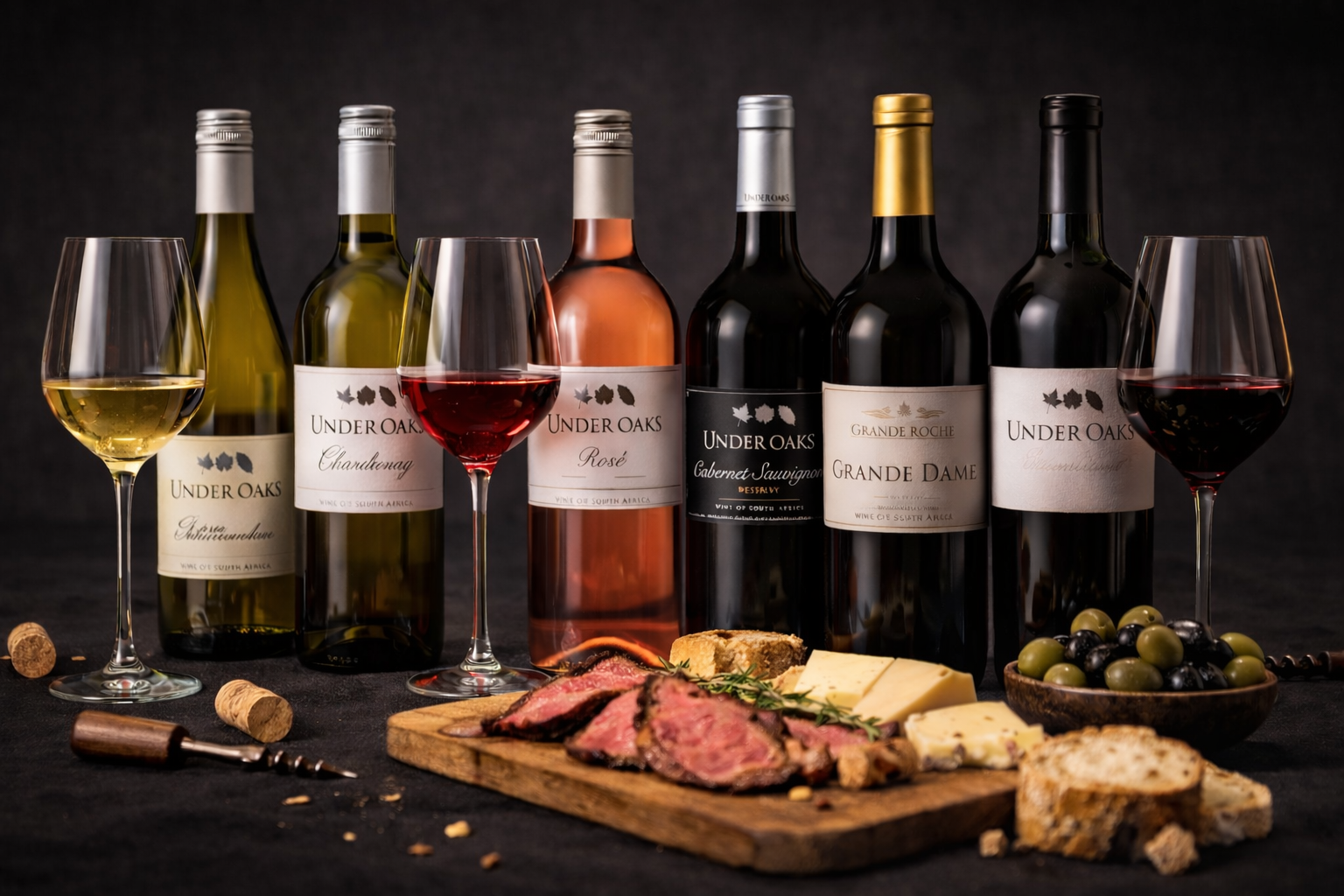 Mehrere Weinflaschen mit Weißwein, Rosé und Rotwein sowie gefüllte Weingläser, Käse, Brot, Oliven und Fleisch auf einem gedeckten Tisch.