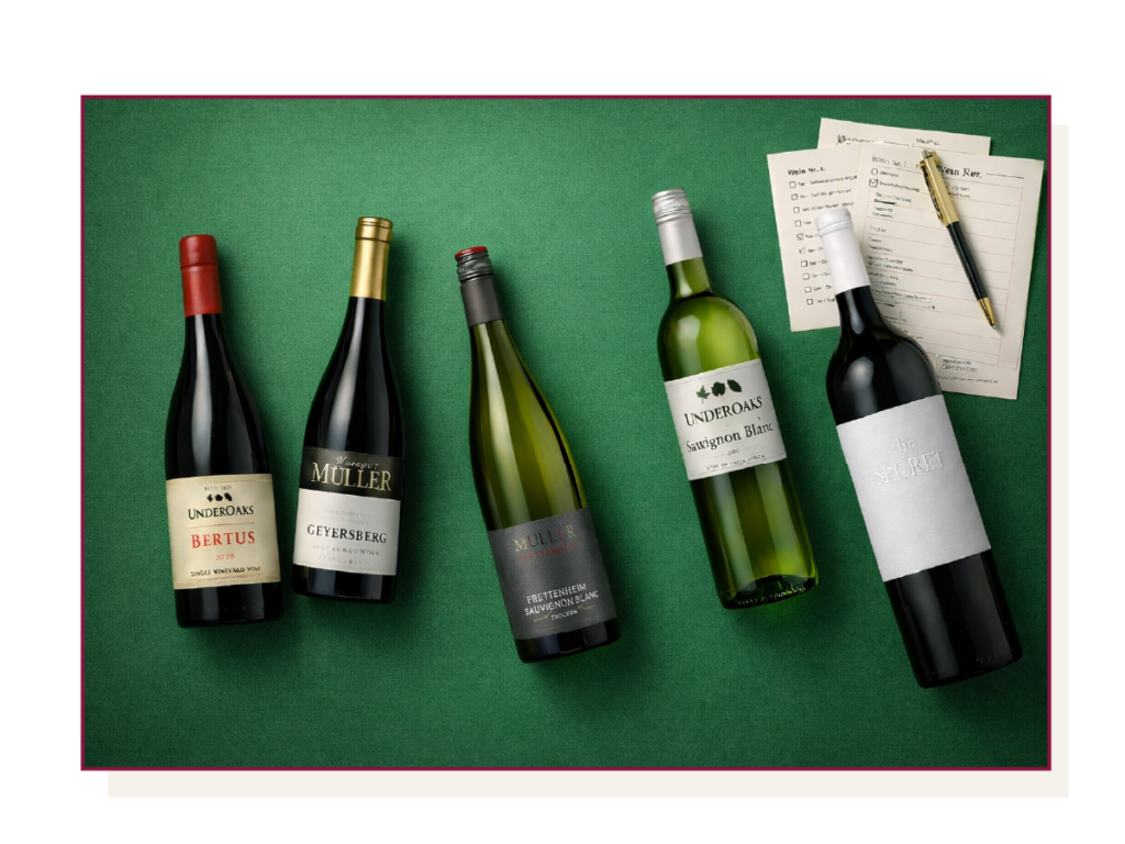 Tastingpaket mit 2 Weißweinen und 3 Rotweinen aus Deutschland und Suedafrika